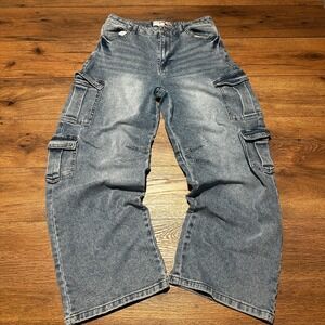 Love Cult Blue Cargo Jeans Women Size 11 Wide Leg High Rise Streetwear Y2K Denim